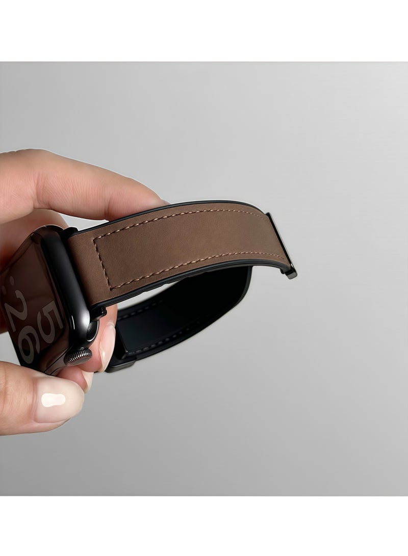 Magnetic Leather Strap Compatible with Apple Watch 49mm 46mm 45mm 44mm 42mm (Series 3/2/1) Unisex, Genuine Leather Magnetic Clasp Strap, Suitable for iWatch Ultra 1/2 Series SE/10/9/8/7/6/5/4/3