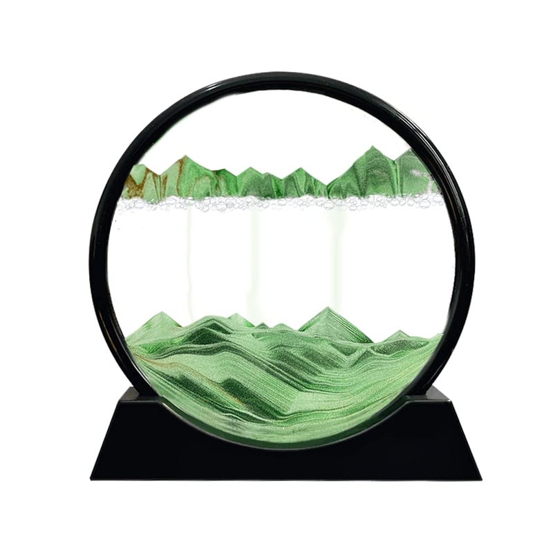 Aoderun Moving Sand Art Picture Round Glass 3D Deep Sea Sandscape in Motion Display Flowing Sand Frame Relaxing Desktop Home Office Work Decor (7", Green) - Image 1