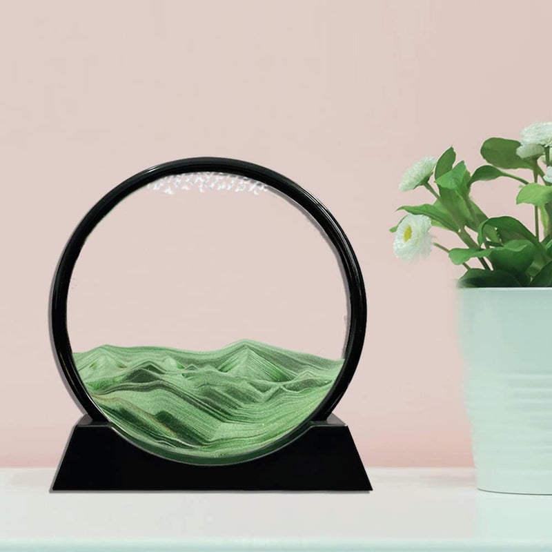 Aoderun Moving Sand Art Picture Round Glass 3D Deep Sea Sandscape in Motion Display Flowing Sand Frame Relaxing Desktop Home Office Work Decor (7", Green) - Image 2