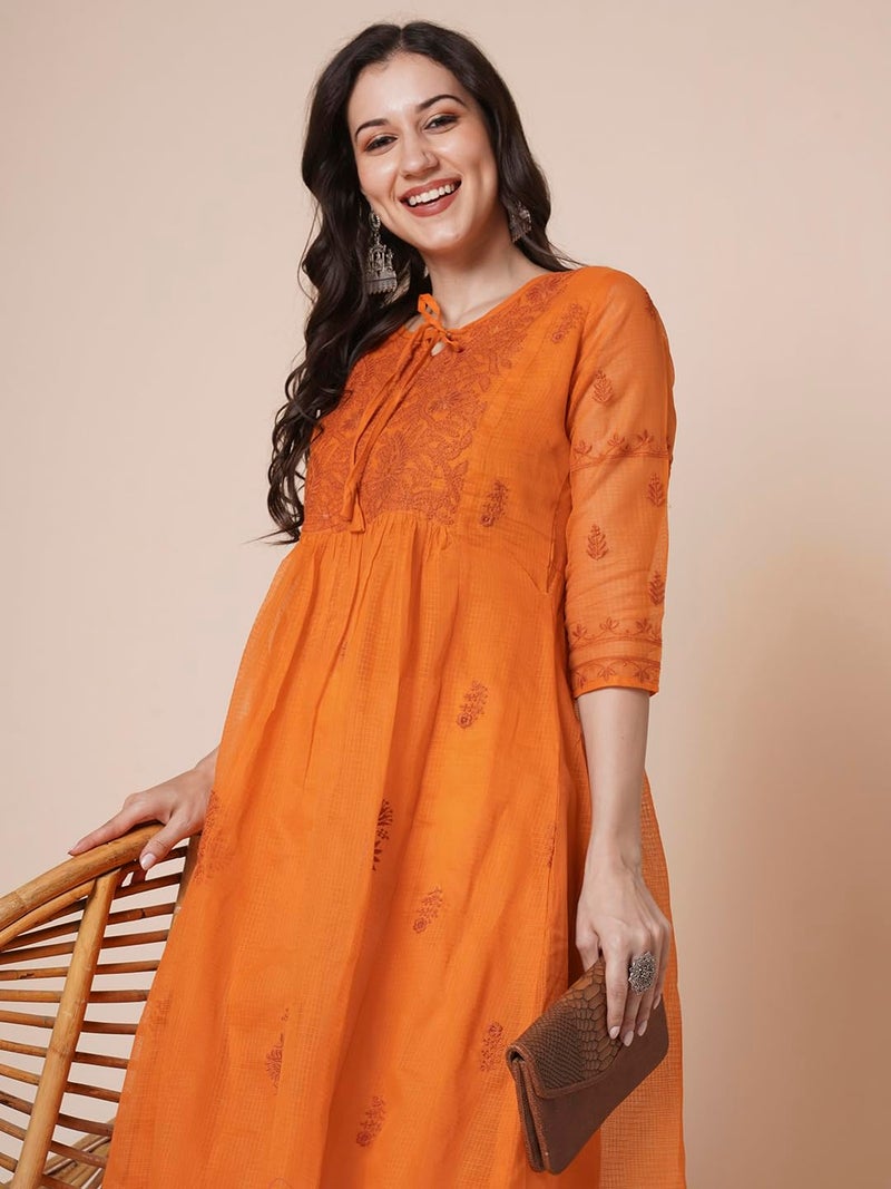 RATAN Women Cotton Regular Fit Muga Flared Lucknowi Chikankari Ethnic Wear Kurta (TPD-4484-Medium_Rust) - Image 3