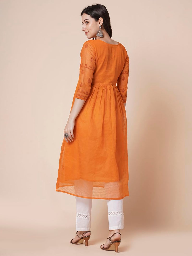 RATAN Women Cotton Regular Fit Muga Flared Lucknowi Chikankari Ethnic Wear Kurta (TPD-4484-Medium_Rust) - Image 2