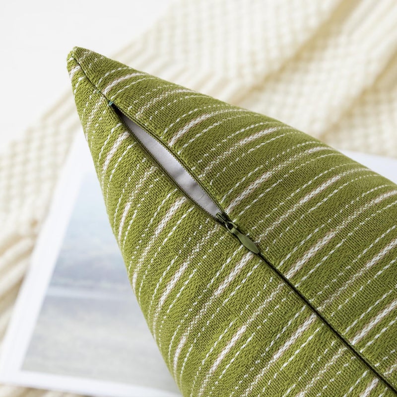 K KEVIN TEXTILE Kevin Textile Light Green and Beige Farmhouse Striped Patchwork Linen Decorative Throw Pillows Covers 20x20  Set of 2  Modern Accent Square Cushion Covers for Couch Chair Bedroom Fall Decorations  - Image 3