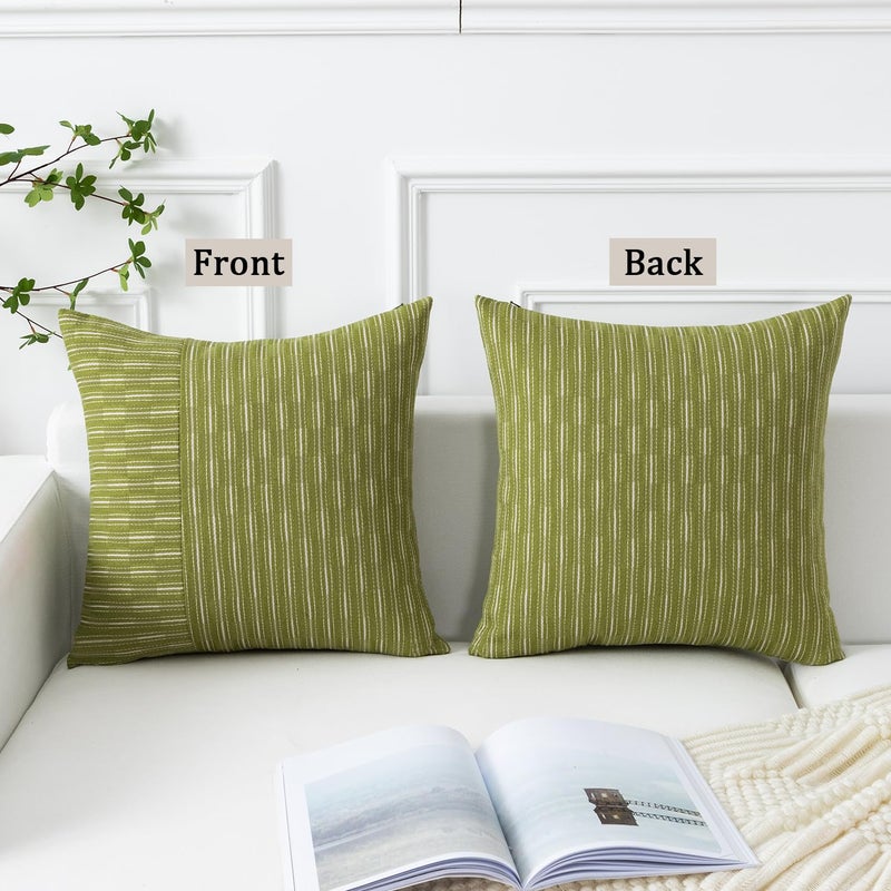 K KEVIN TEXTILE Kevin Textile Light Green and Beige Farmhouse Striped Patchwork Linen Decorative Throw Pillows Covers 20x20  Set of 2  Modern Accent Square Cushion Covers for Couch Chair Bedroom Fall Decorations  - Image 4
