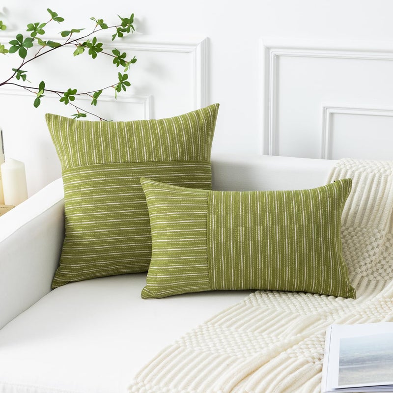 K KEVIN TEXTILE Kevin Textile Light Green and Beige Farmhouse Striped Patchwork Linen Decorative Throw Pillows Covers 20x20  Set of 2  Modern Accent Square Cushion Covers for Couch Chair Bedroom Fall Decorations  - Image 5