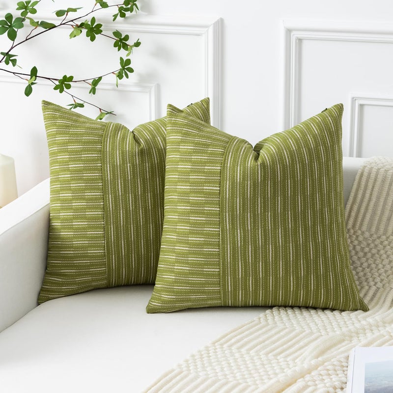 K KEVIN TEXTILE Kevin Textile Light Green and Beige Farmhouse Striped Patchwork Linen Decorative Throw Pillows Covers 20x20  Set of 2  Modern Accent Square Cushion Covers for Couch Chair Bedroom Fall Decorations  - Image 1