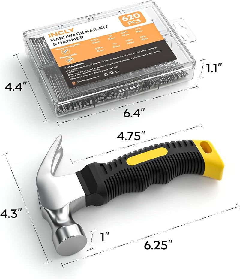 INCLY 620 PCS Small Nails for Hanging Pictures Assortment Kit with 8oz Claw Small Hammer, Mini Hammer Set with Hardware Nails Assorted Set 310 Wall Nails & 310 Finish Nails for Installing with Case - Image 5