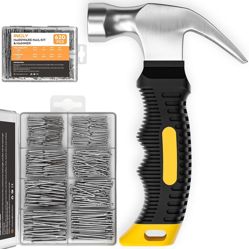 INCLY 620 PCS Small Nails for Hanging Pictures Assortment Kit with 8oz Claw Small Hammer, Mini Hammer Set with Hardware Nails Assorted Set 310 Wall Nails & 310 Finish Nails for Installing with Case - Image 1