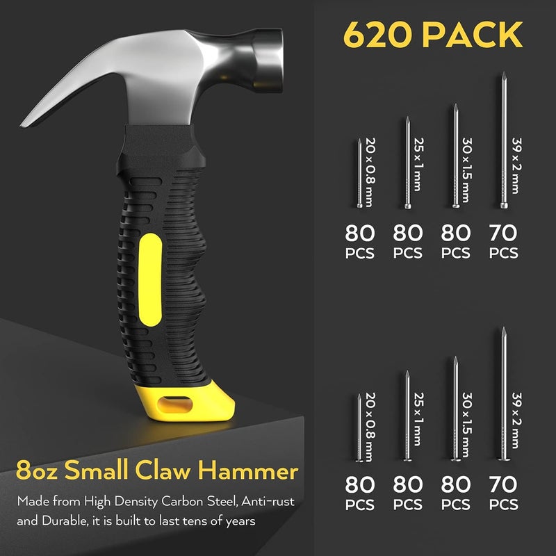 INCLY 620 PCS Small Nails for Hanging Pictures Assortment Kit with 8oz Claw Small Hammer, Mini Hammer Set with Hardware Nails Assorted Set 310 Wall Nails & 310 Finish Nails for Installing with Case - Image 2
