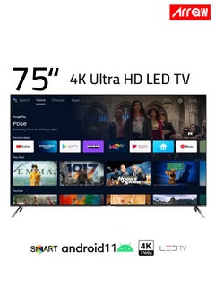 ARRQW 75 Inch 4K UHD Smart LED TV with Android 11, 3840x2160 Resolution, 5000:1 Contrast, 60Hz Refresh Rate, 350 nits Brightness, 1.07B Colors, Dolby/Dolby+, Bluetooth 5.0, Wi-Fi, HDR10, 4 HDMI & 2 USB Ports, Stereo Sound, Multiscreen, Sleep Timer | Model No: RO-75LCS  - Image 2