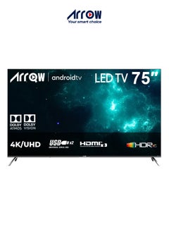 ARRQW 75 Inch 4K UHD Smart LED TV with Android 11, 3840x2160 Resolution, 5000:1 Contrast, 60Hz Refresh Rate, 350 nits Brightness, 1.07B Colors, Dolby/Dolby+, Bluetooth 5.0, Wi-Fi, HDR10, 4 HDMI & 2 USB Ports, Stereo Sound, Multiscreen, Sleep Timer | Model No: RO-75LCS  - Image 1
