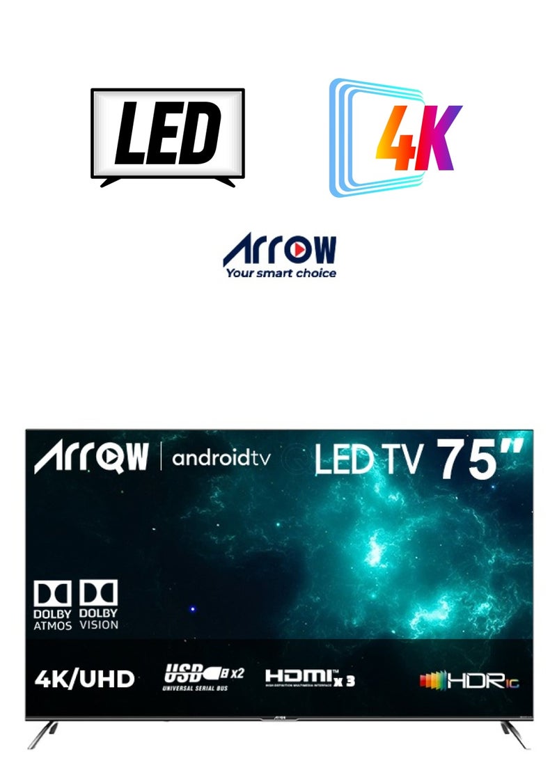 ARRQW 75 Inch 4K UHD Smart LED TV with Android 11, 3840x2160 Resolution, 5000:1 Contrast, 60Hz Refresh Rate, 350 nits Brightness, 1.07B Colors, Dolby/Dolby+, Bluetooth 5.0, Wi-Fi, HDR10, 4 HDMI & 2 USB Ports, Stereo Sound, Multiscreen, Sleep Timer | Model No: RO-75LCS  - Image 1