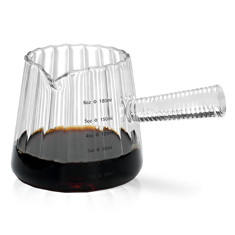 FANTESTICRYAN 6OZ Measuring Cup, Ribbed Borosilicate Glass Espresso Cup, V-Shaped Spout Drain Espresso Double Shots, Coffee Milk Tea Accessories (Clear, Glass Handle) - Image 1
