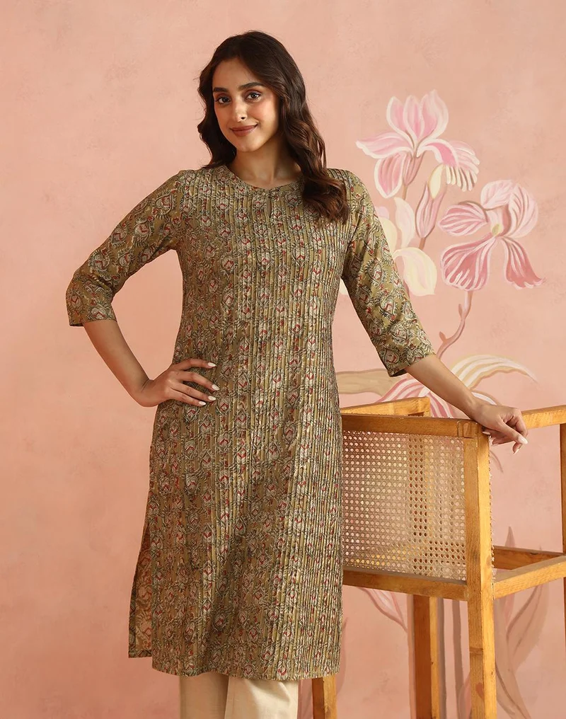Olive Cotton Kalamkari Long Kurta