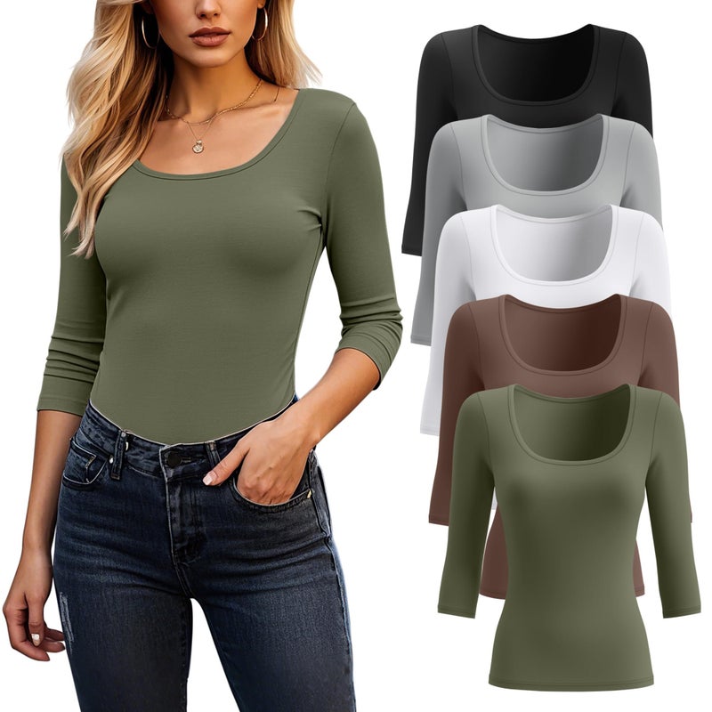Riyiper 5 Pack Womens 34 Sleeve Shirts Scoop Neck Tops Stretchy Slim Fit Basic TShirts Casual Athletic TeesArmy Green Coffee White Grey BlackLarge - Image 2