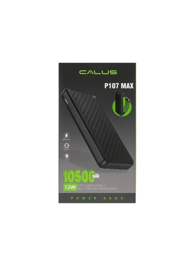 كالوس بنك الطاقة المحمول CALUS P107 MAX بقدرة 10500 مللي أمبير في الساعة مع 4 كابلات شحن سريعة مدمجة (Lightning، Type-C، Micro-USB، USB) - حزمة بطارية خارجية فائقة النحافة بقدرة 12 وات لأجهزة iPhone وSamsung وAndroi - Image 4