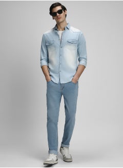 Slim Fit Light Blue Men's Solid Shirt, Spread Collar, Full Sleeves, 100% Cotton,