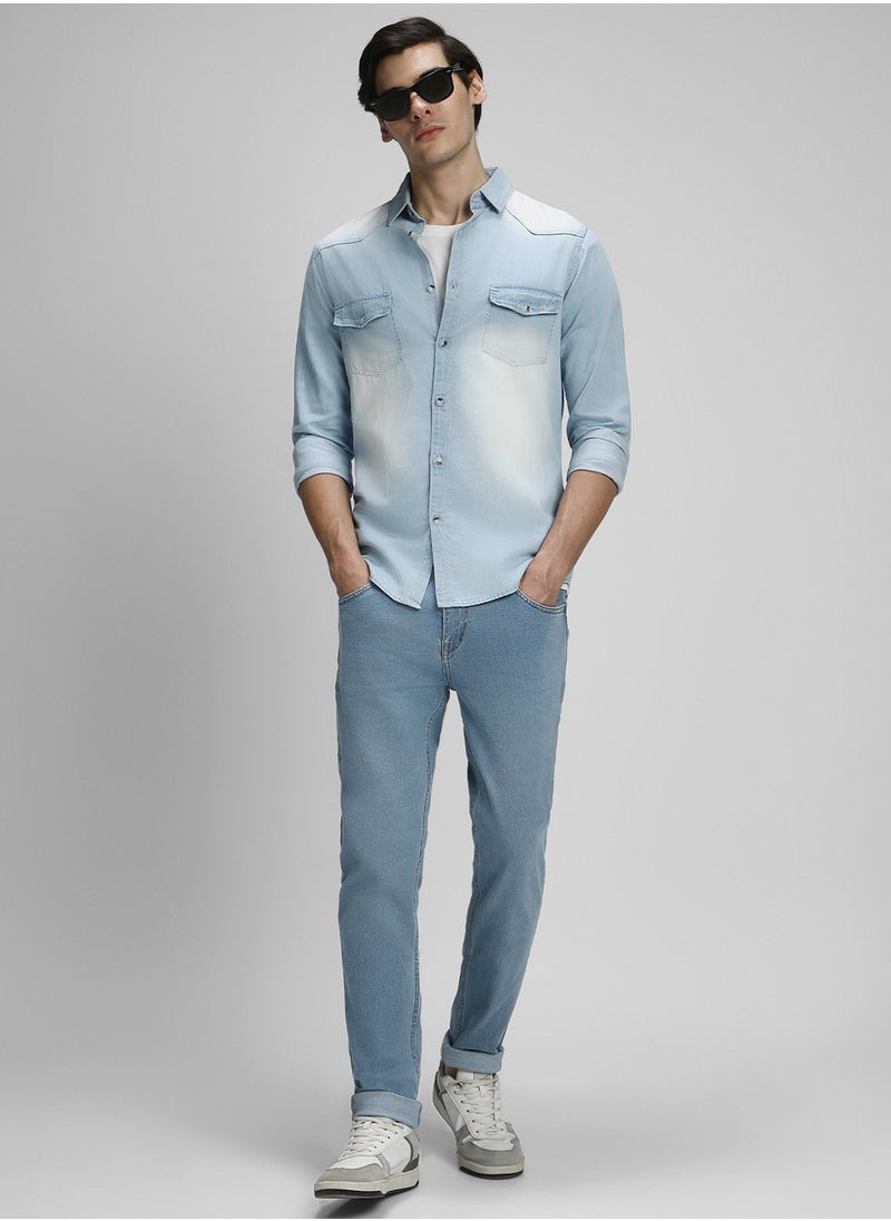 Dennis Lingo - Slim Fit Light Blue Men's Solid Shirt, Spread Collar, Full Sleeves, 100% Cotton, - Image 1