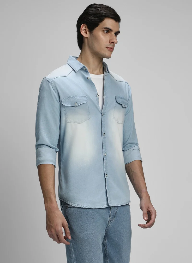 Dennis Lingo Slim Fit Light Blue Men's Solid Shirt, Spread Collar, Full Sleeves, 100% Cotton,