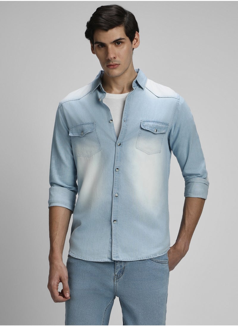 Dennis Lingo - Slim Fit Light Blue Men's Solid Shirt, Spread Collar, Full Sleeves, 100% Cotton, - Image 1