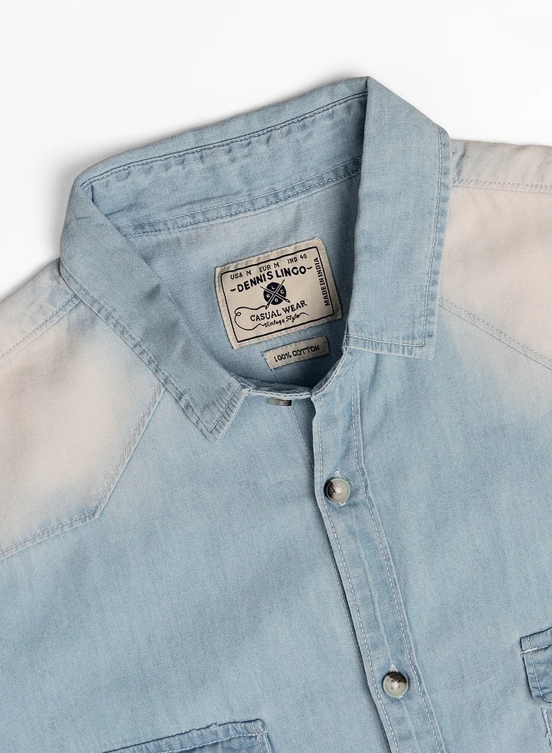 Dennis Lingo Slim Fit Light Blue Men's Solid Shirt, Spread Collar, Full Sleeves, 100% Cotton,