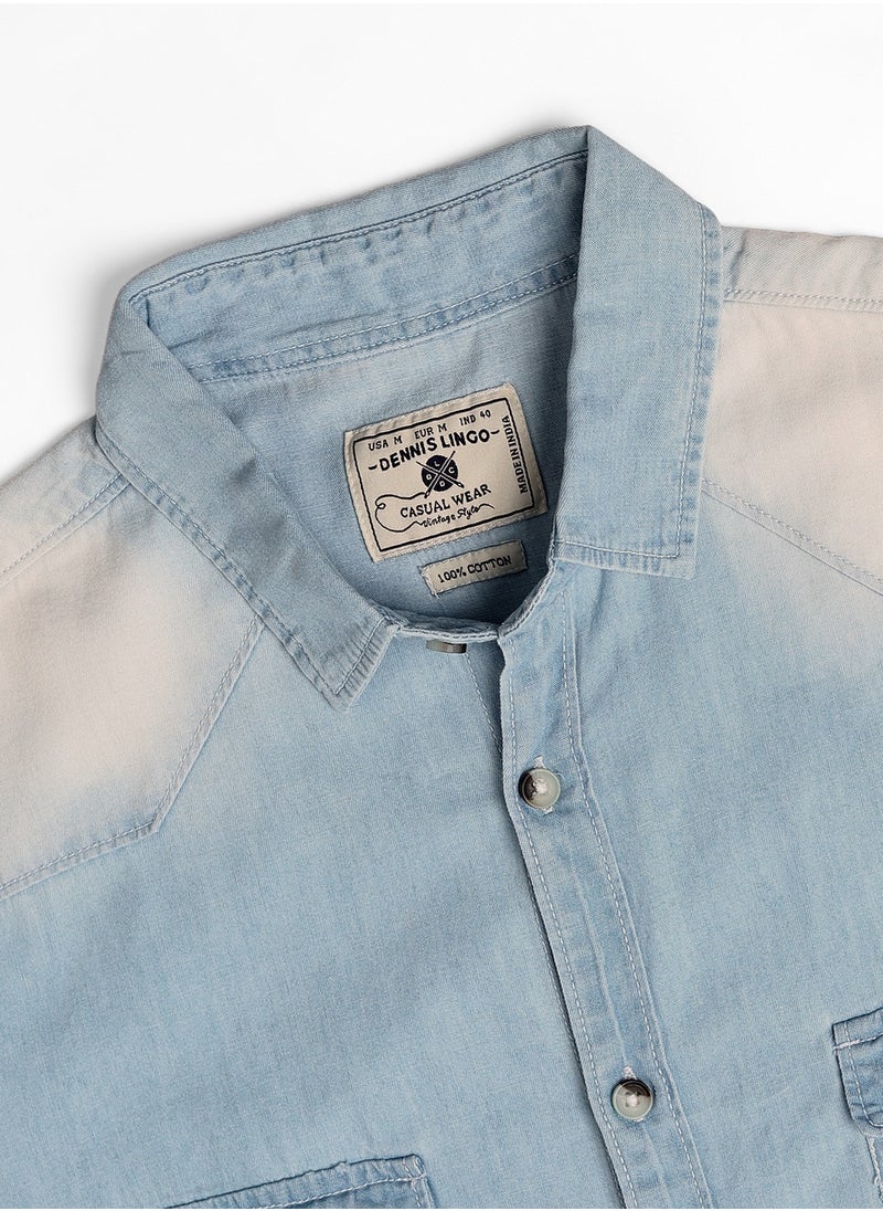 Dennis Lingo - Slim Fit Light Blue Men's Solid Shirt, Spread Collar, Full Sleeves, 100% Cotton, - Image 1