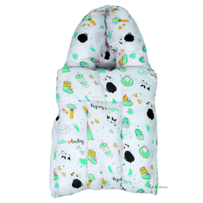Infans Mini Panda Mini 3 in 1 Babys Cotton Bed Cum Carry Bed Printed Baby Sleeping BagBaby BedInfant Portable for Unisex Easily Portable Light Weight Carry for New Born 04 Months OldGreen - Image 1