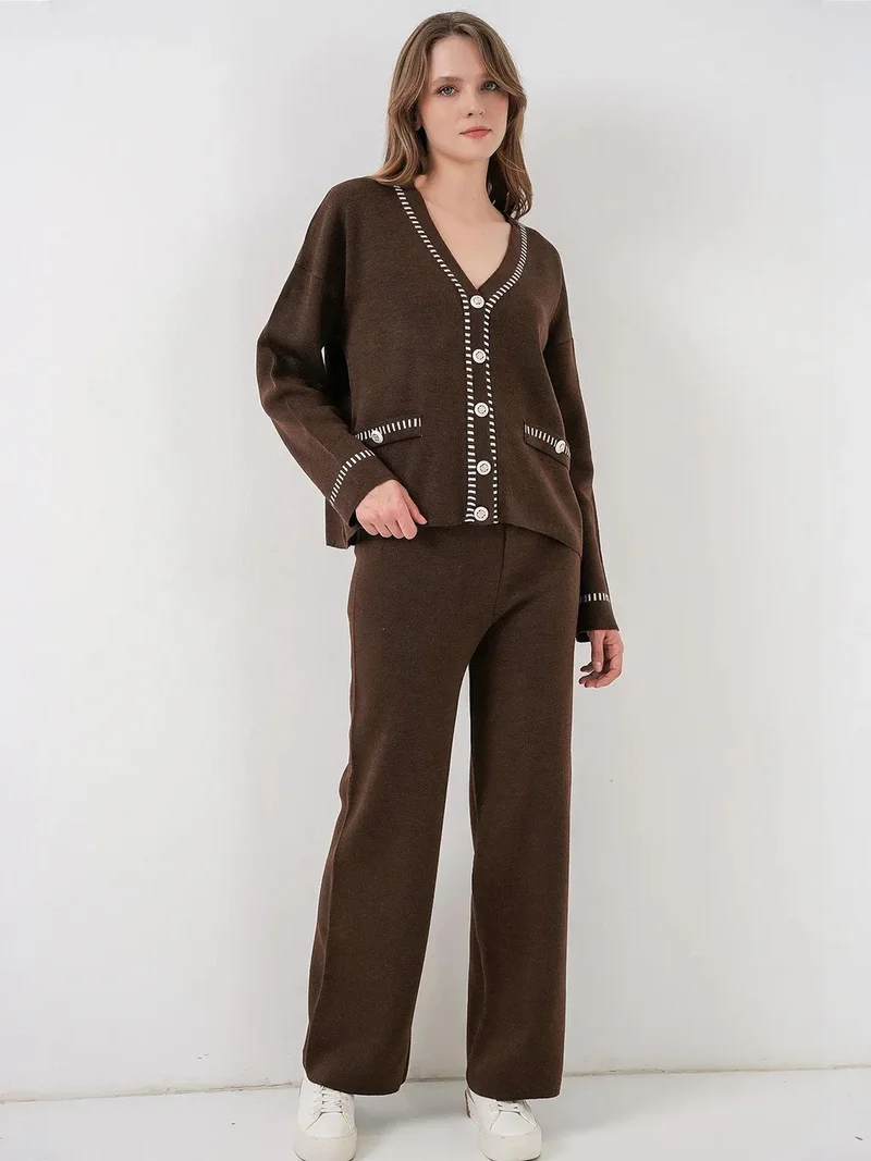 بيغ دارت BDART Textured V-Neck Knitwear Cardigan and Wide Leg Pants Set