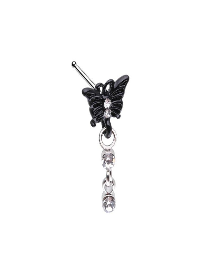 Pierced Owl 20GA Stainless Steel Black Butterfly with Dangling Gems Nose Bone Stud - Image 1