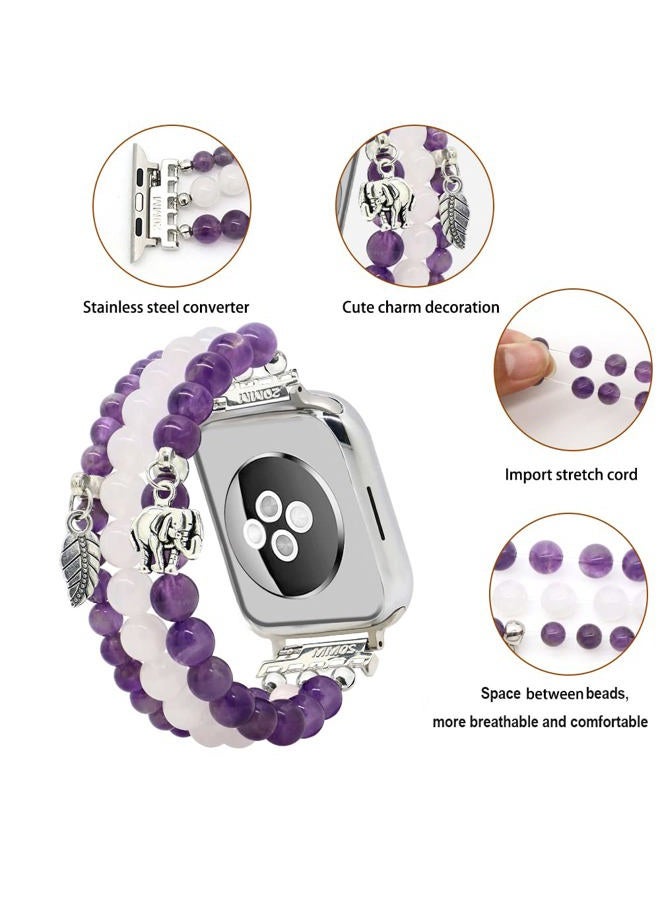 LuReen Natural Stone Beaded Bracelet Compatible with Apple Watch Band Series 9, 10, Ultra 2, SE, Ultra 8 7 6 5 4 3 2 1, Elastic Stretchy Watch Strap Wristband for iWatch Band 38mm/40mm/41mm/42mm(S10) Women - Image 5