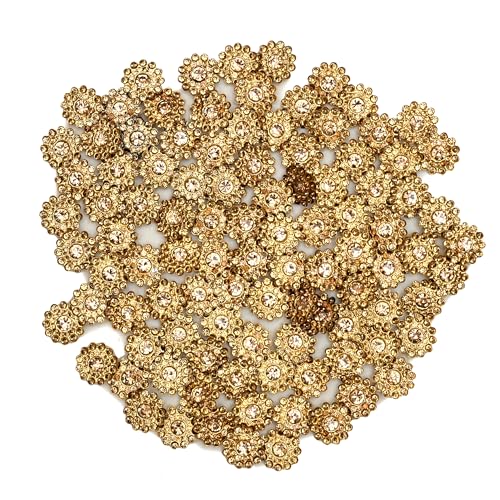 EmbroideryMaterial Golden Flower Shaped Sew on/Glue Rhinestones for Embroidery, Craft, DIY, Jewellery Making etc, Floral Embellishment (14MM, 100 Pieces) - Image 1