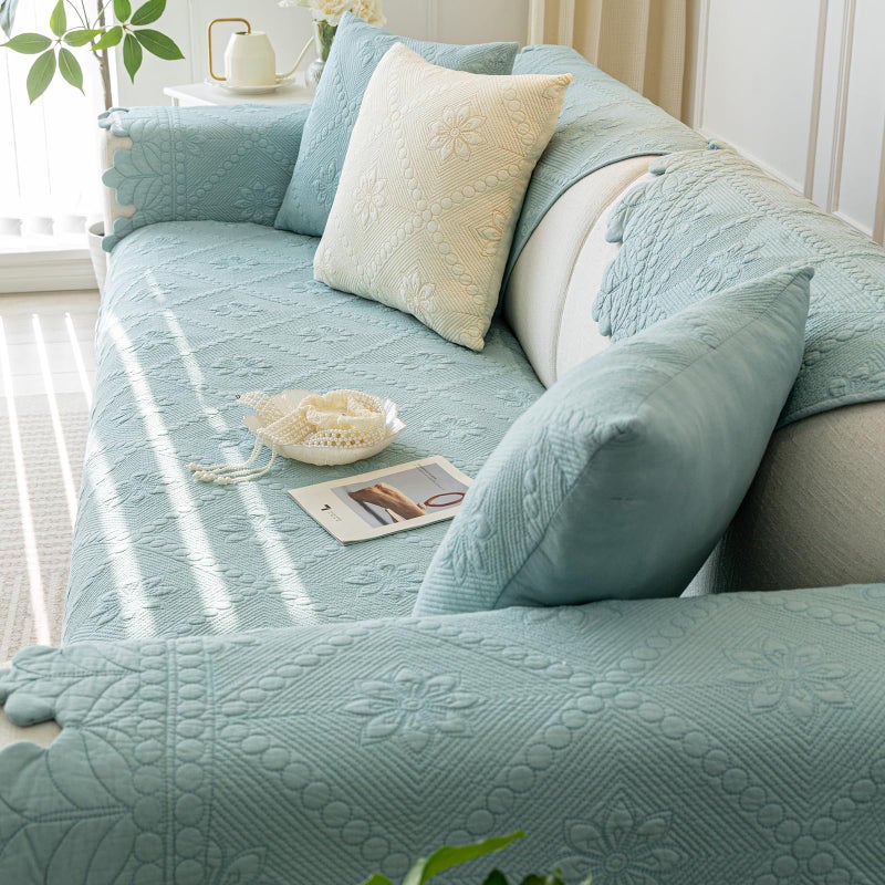 vctops Farmhouse 100% Cotton Quilted Couch Cover Floral Embroidered Sofa Cover Non-Slip Soft Sofa Slipcover Washable Furniture Protector (Blue,28"x28") - Image 5