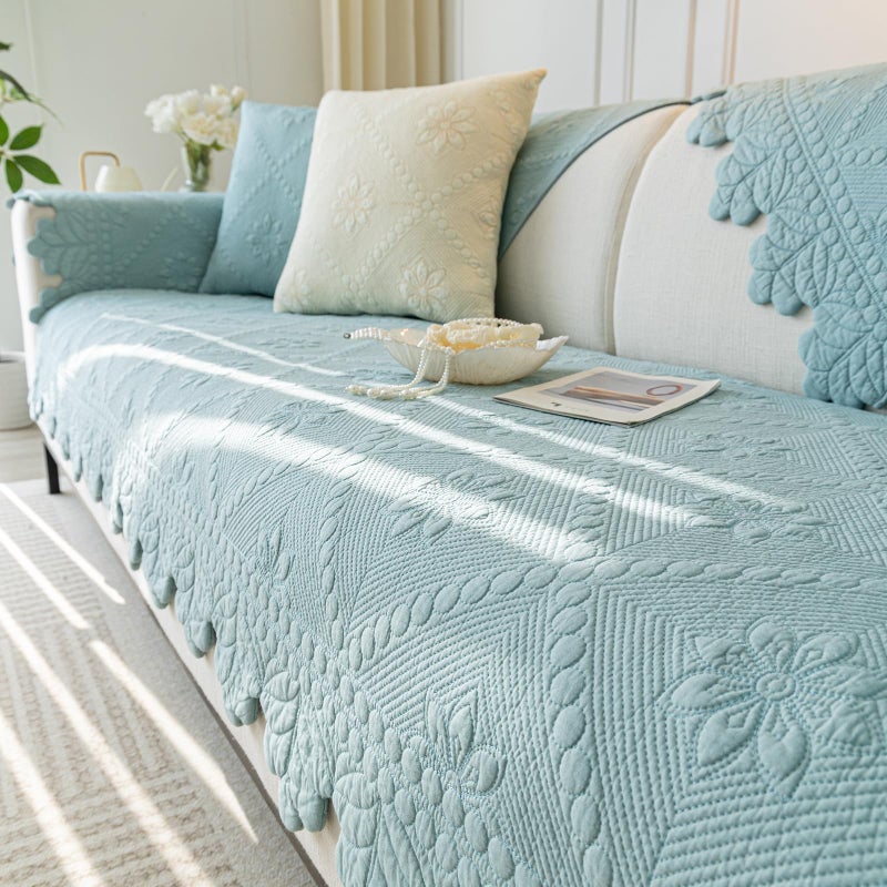 vctops Farmhouse 100% Cotton Quilted Couch Cover Floral Embroidered Sofa Cover Non-Slip Soft Sofa Slipcover Washable Furniture Protector (Blue,28"x28") - Image 1