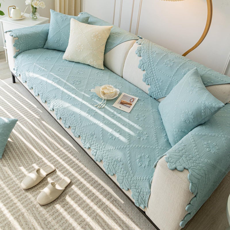 vctops Farmhouse 100% Cotton Quilted Couch Cover Floral Embroidered Sofa Cover Non-Slip Soft Sofa Slipcover Washable Furniture Protector (Blue,28"x28") - Image 4