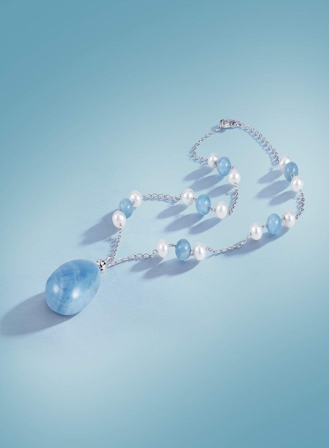 Belacqua Natural Milky Blue Aquamarine and Cultured Freshwater Pearl Station Necklace in Sterling Silver, 18" Rolo Chain, Aquamarine -0.75", Real Pearl Jewelry for Women, Gift Box Included - Image 4