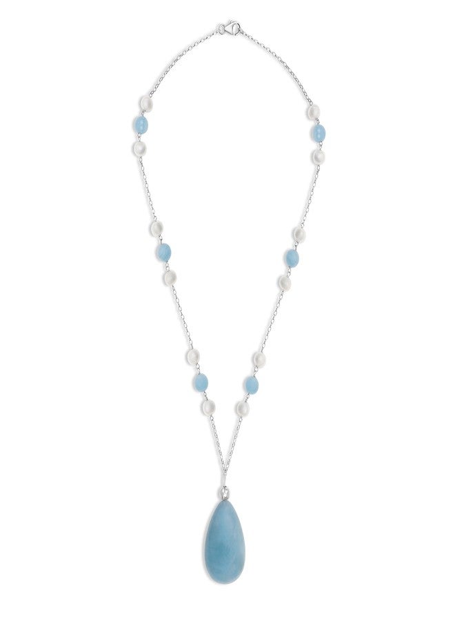 Belacqua Natural Milky Blue Aquamarine and Cultured Freshwater Pearl Station Necklace in Sterling Silver, 18" Rolo Chain, Aquamarine -0.75", Real Pearl Jewelry for Women, Gift Box Included - Image 2