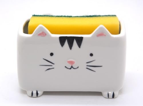MONMOB Cat Sponge Holder Ceramic Cat Soap Holder Cute Cat Decor Kitchen Accessories Cat Home Decor Ceramic Kitchen Sponge Holder Cat Gifts Ideal Gifts for Women Birthdays Valentines Day Gifts - Image 5