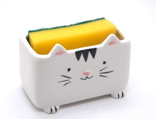 MONMOB Cat Sponge Holder Ceramic Cat Soap Holder Cute Cat Decor Kitchen Accessories Cat Home Decor Ceramic Kitchen Sponge Holder Cat Gifts Ideal Gifts for Women Birthdays Valentines Day Gifts - Image 2