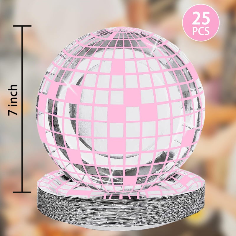 FunisFun Disco Ball Plates 25P Disposable Plates for 70s Disco Party Decorations Wedding Birthday Bachelorette Party 7" Pink - Image 3