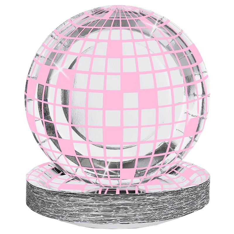 FunisFun Disco Ball Plates 25P Disposable Plates for 70s Disco Party Decorations Wedding Birthday Bachelorette Party 7" Pink - Image 1