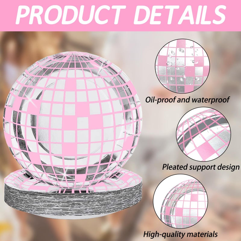 FunisFun Disco Ball Plates 25P Disposable Plates for 70s Disco Party Decorations Wedding Birthday Bachelorette Party 7" Pink - Image 2