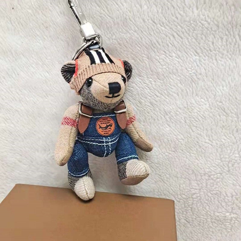 Handmade Cashmere Plaid Teddy Bear Keychain Vertical striped knitted hat denim suspenders