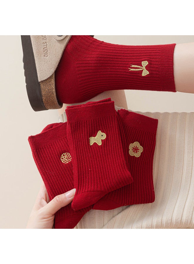 Yuzhaolin 4 Pairs Red Cotton Mid-calf Socks For Women Zodiac Year Of The Horse 2026 Double-needle Thick Socks Autumn Winter