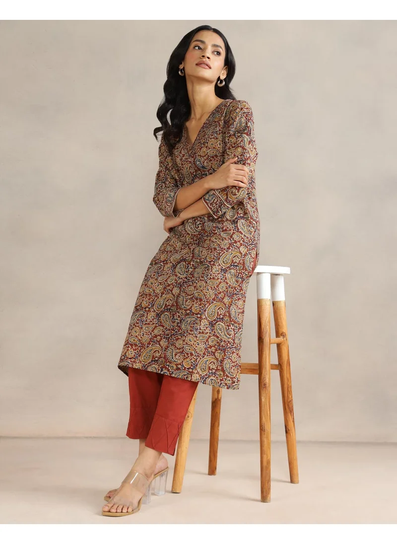 فاب انديا Maroon Cotton Kalamkari Printed Knee Length Kurta