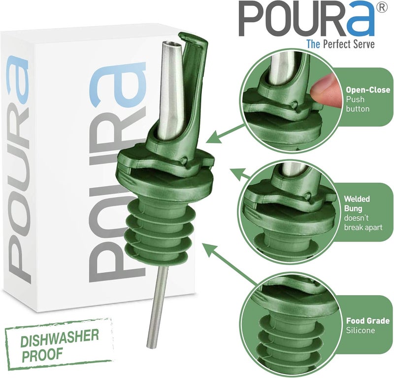 Poura BPA‑Free Olive Oil Bottle Spouts, Leakproof Olive Oil Dispenser Spout with Hygienic One‑Hand Open/Close, Dust Cap & Screen Alternative, 2‑Pack Green - Image 3
