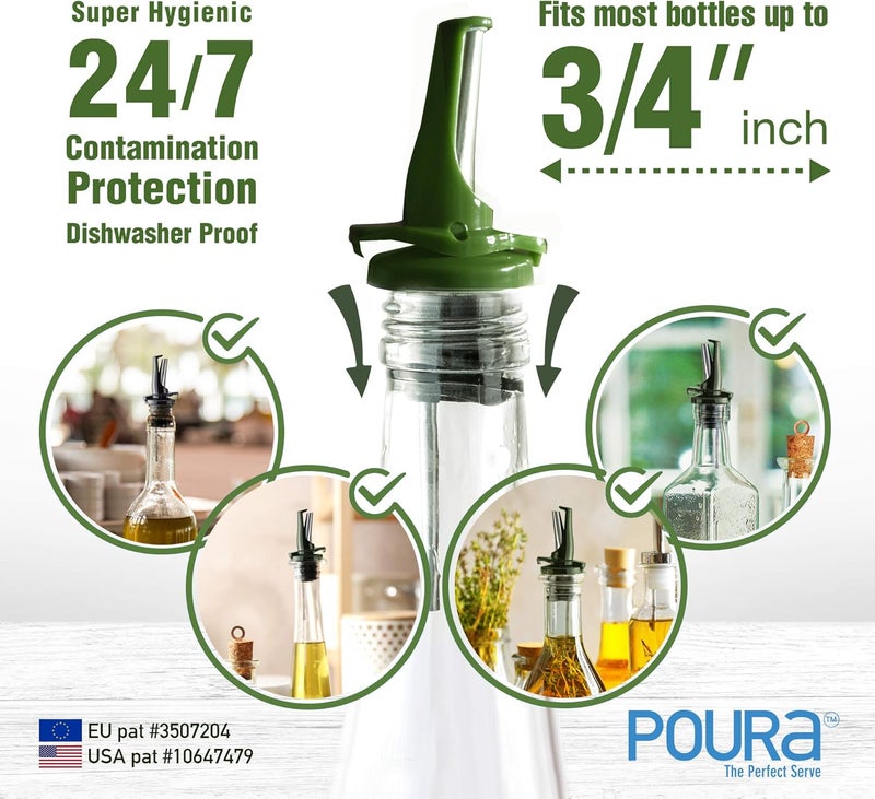 Poura BPA‑Free Olive Oil Bottle Spouts, Leakproof Olive Oil Dispenser Spout with Hygienic One‑Hand Open/Close, Dust Cap & Screen Alternative, 2‑Pack Green - Image 2