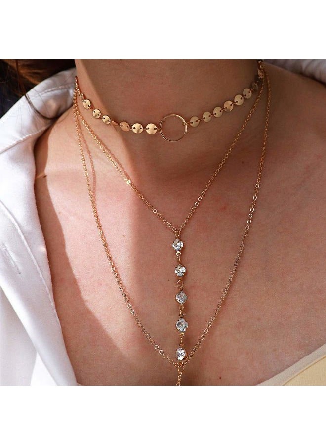 Suyi Stylish Layered Sequins Choker Necklace with Thin Long Chian Pendant for Women Lady, 22.1 inches (with a possible 1-2cm error), Gold|Metal|Crystal, alloy - Image 3