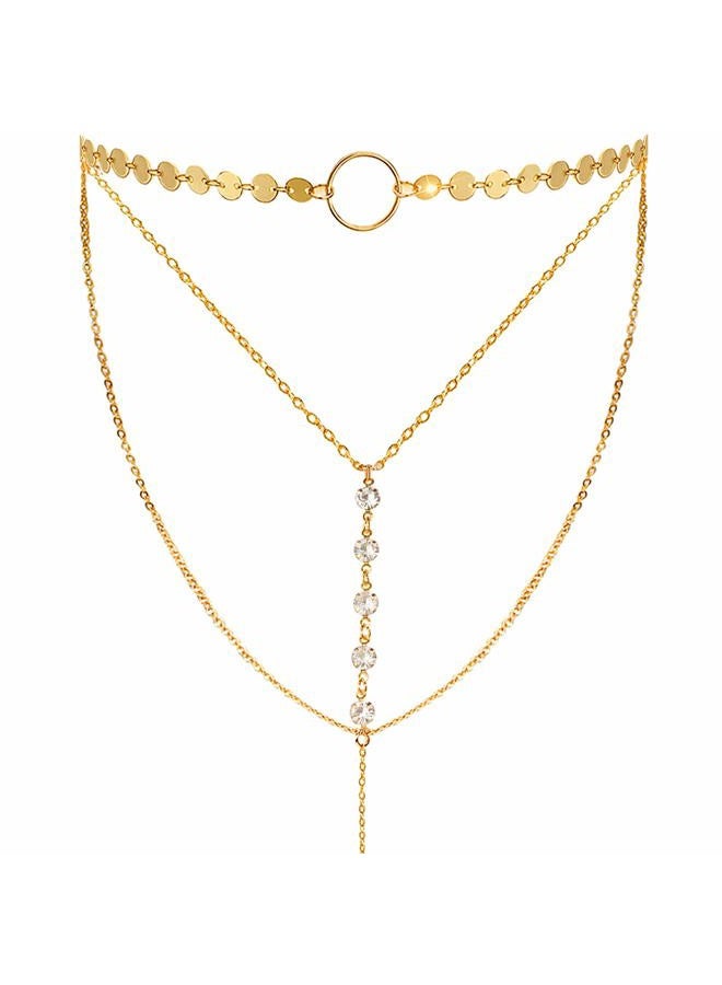 Suyi Stylish Layered Sequins Choker Necklace with Thin Long Chian Pendant for Women Lady, 22.1 inches (with a possible 1-2cm error), Gold|Metal|Crystal, alloy - Image 1