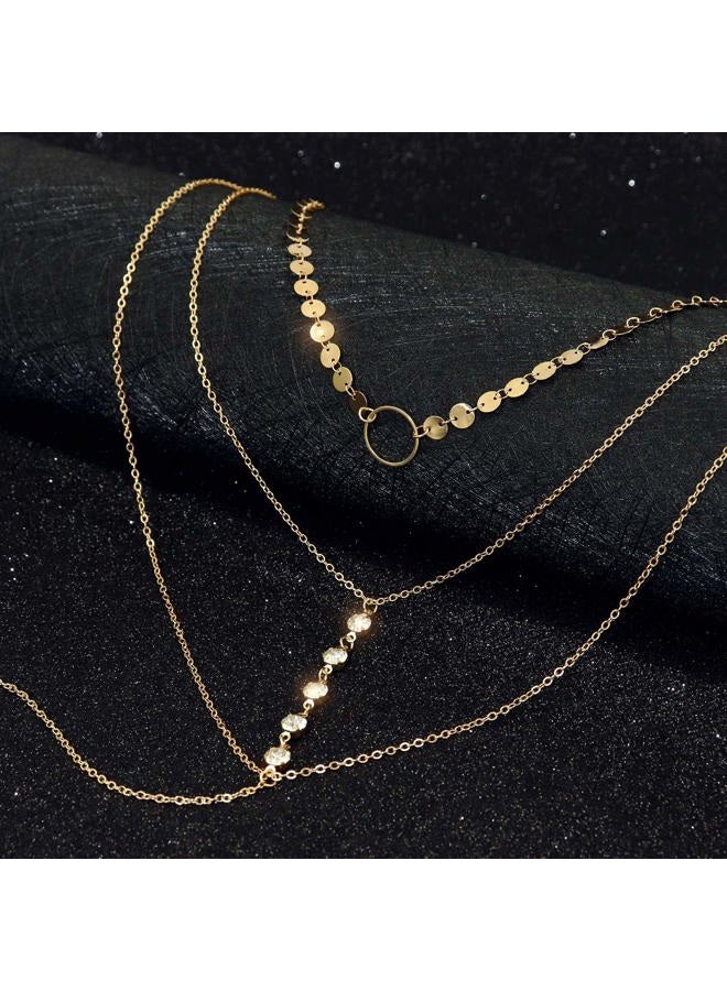 Suyi Stylish Layered Sequins Choker Necklace with Thin Long Chian Pendant for Women Lady, 22.1 inches (with a possible 1-2cm error), Gold|Metal|Crystal, alloy - Image 5