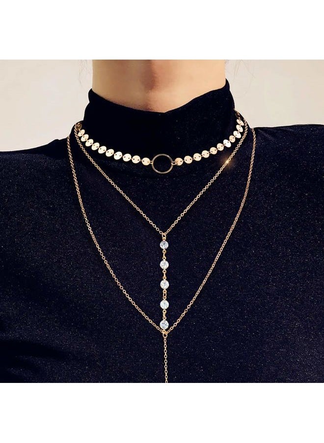 Suyi Stylish Layered Sequins Choker Necklace with Thin Long Chian Pendant for Women Lady, 22.1 inches (with a possible 1-2cm error), Gold|Metal|Crystal, alloy - Image 4