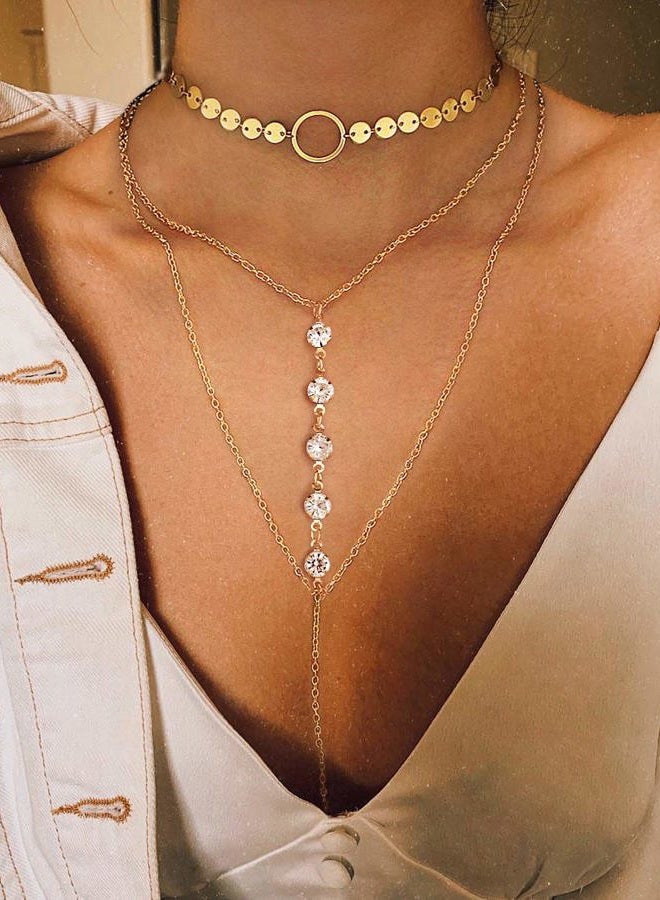 Suyi Stylish Layered Sequins Choker Necklace with Thin Long Chian Pendant for Women Lady, 22.1 inches (with a possible 1-2cm error), Gold|Metal|Crystal, alloy - Image 2